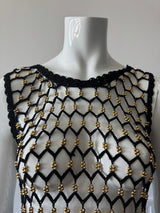 Black Crochet Knit Sleeveless Top with Gold Beads