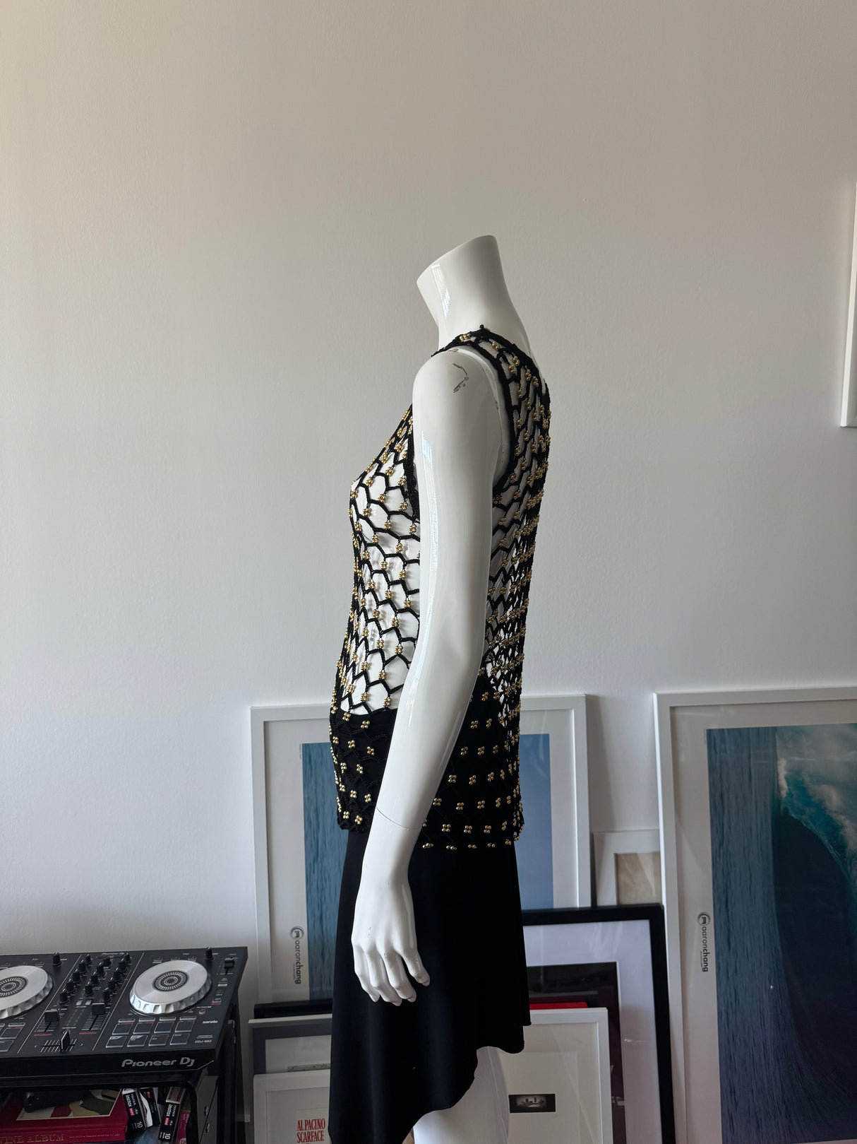Black Crochet Knit Sleeveless Top with Gold Beads