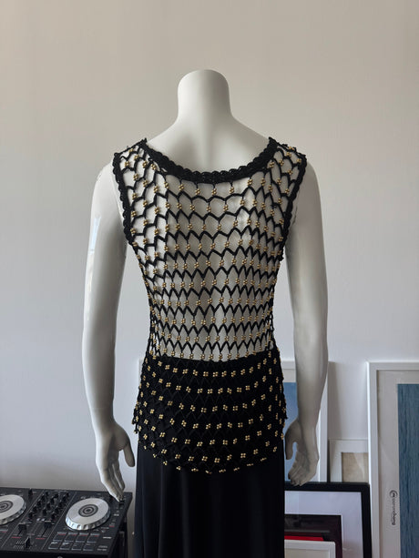 Black Crochet Knit Sleeveless Top with Gold Beads
