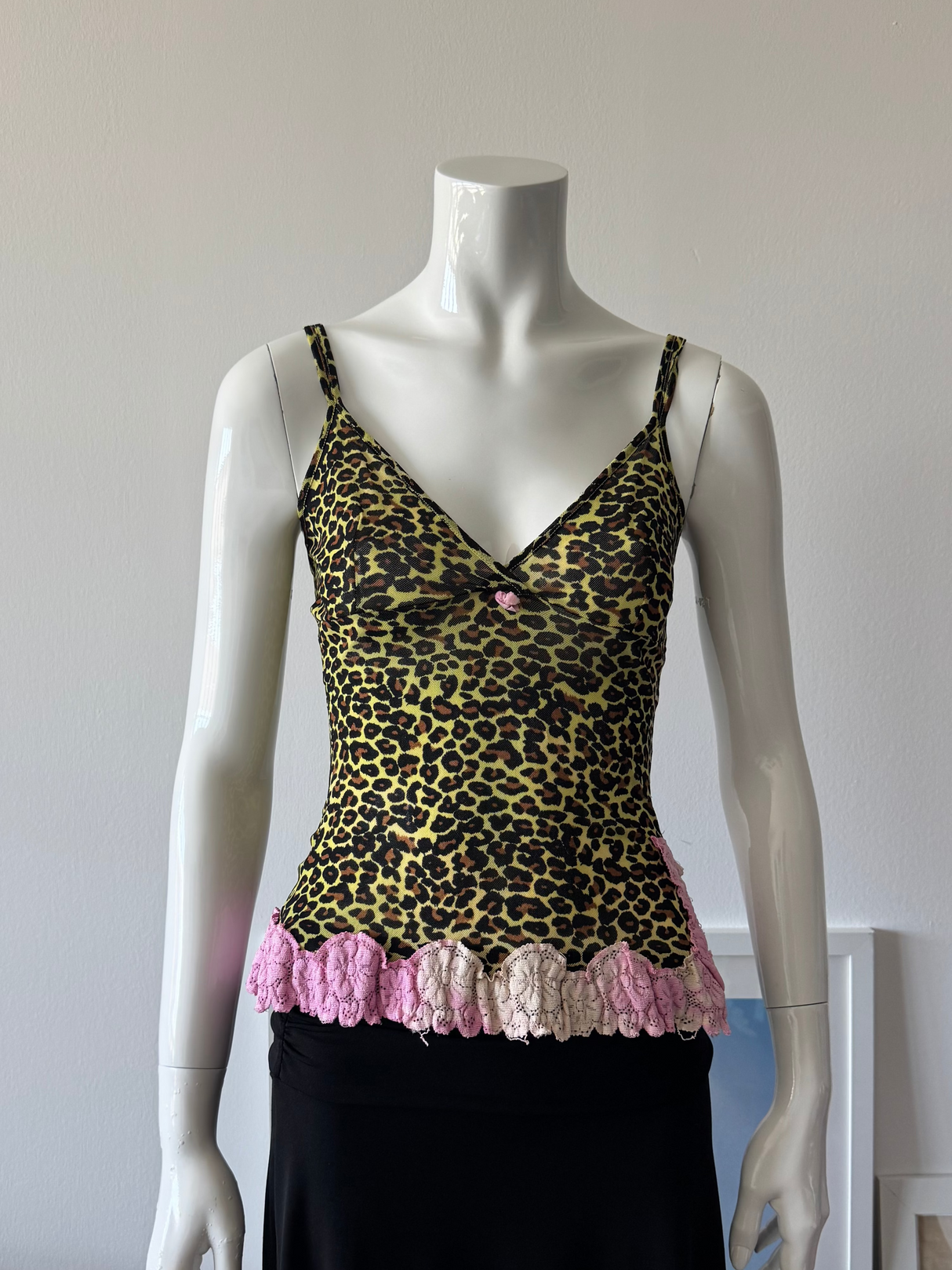Yellow/Black Mesh Leopard Print and Pink Lace Cami