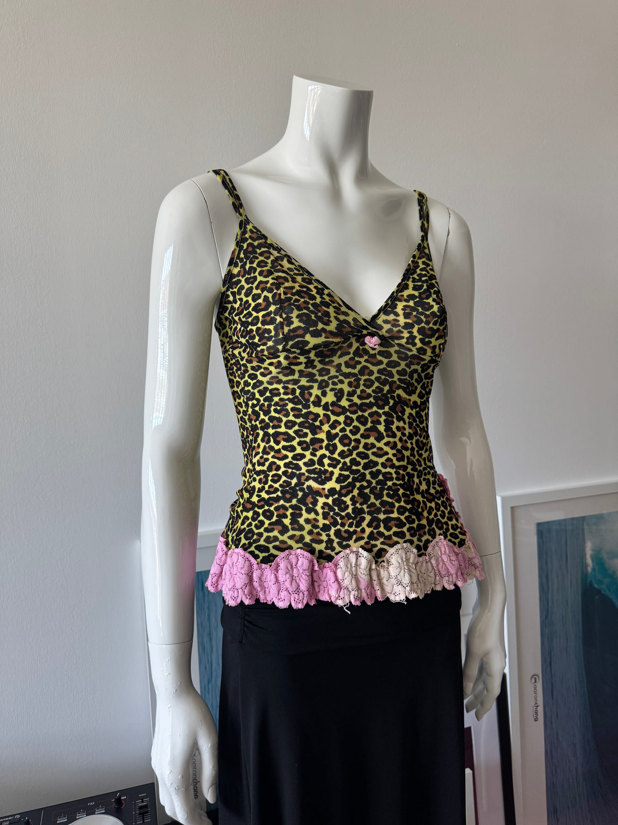 Yellow/Black Mesh Leopard Print and Pink Lace Cami