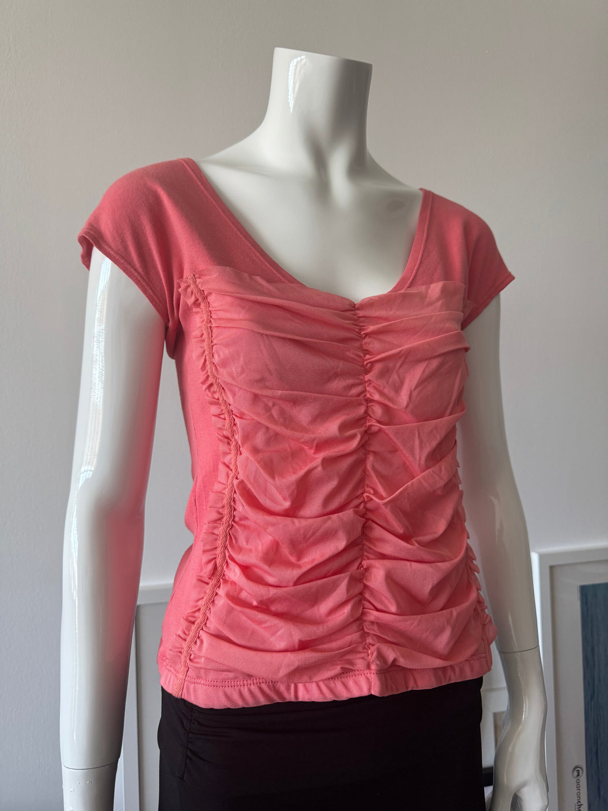 Coral Ruched Mesh T-Shirt