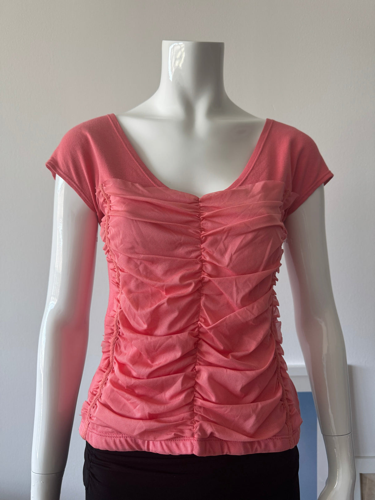 Coral Ruched Mesh T-Shirt