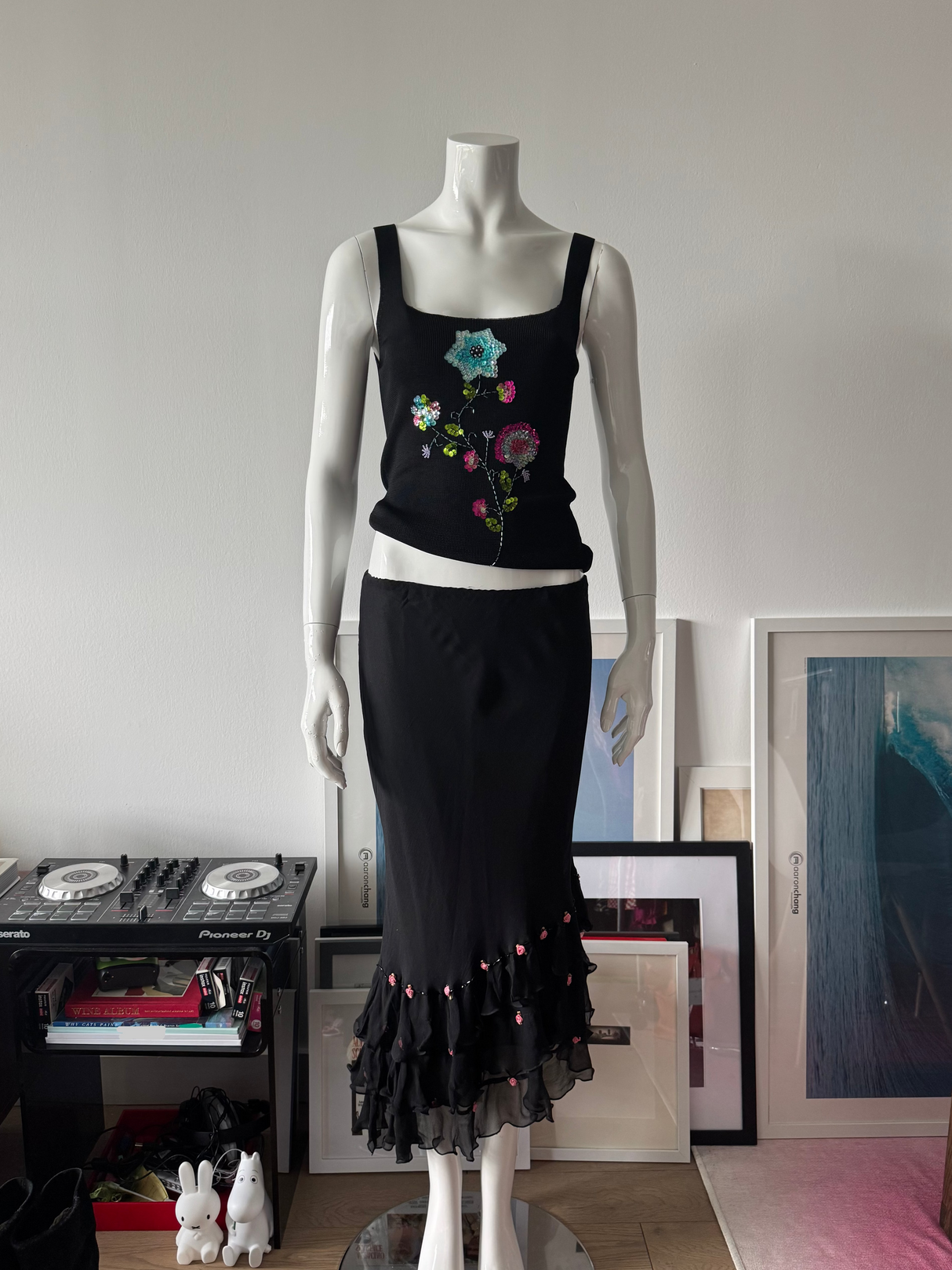 Black Silk Midi Asymmetrical Beaded Skirt