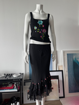 Black Silk Midi Asymmetrical Beaded Skirt