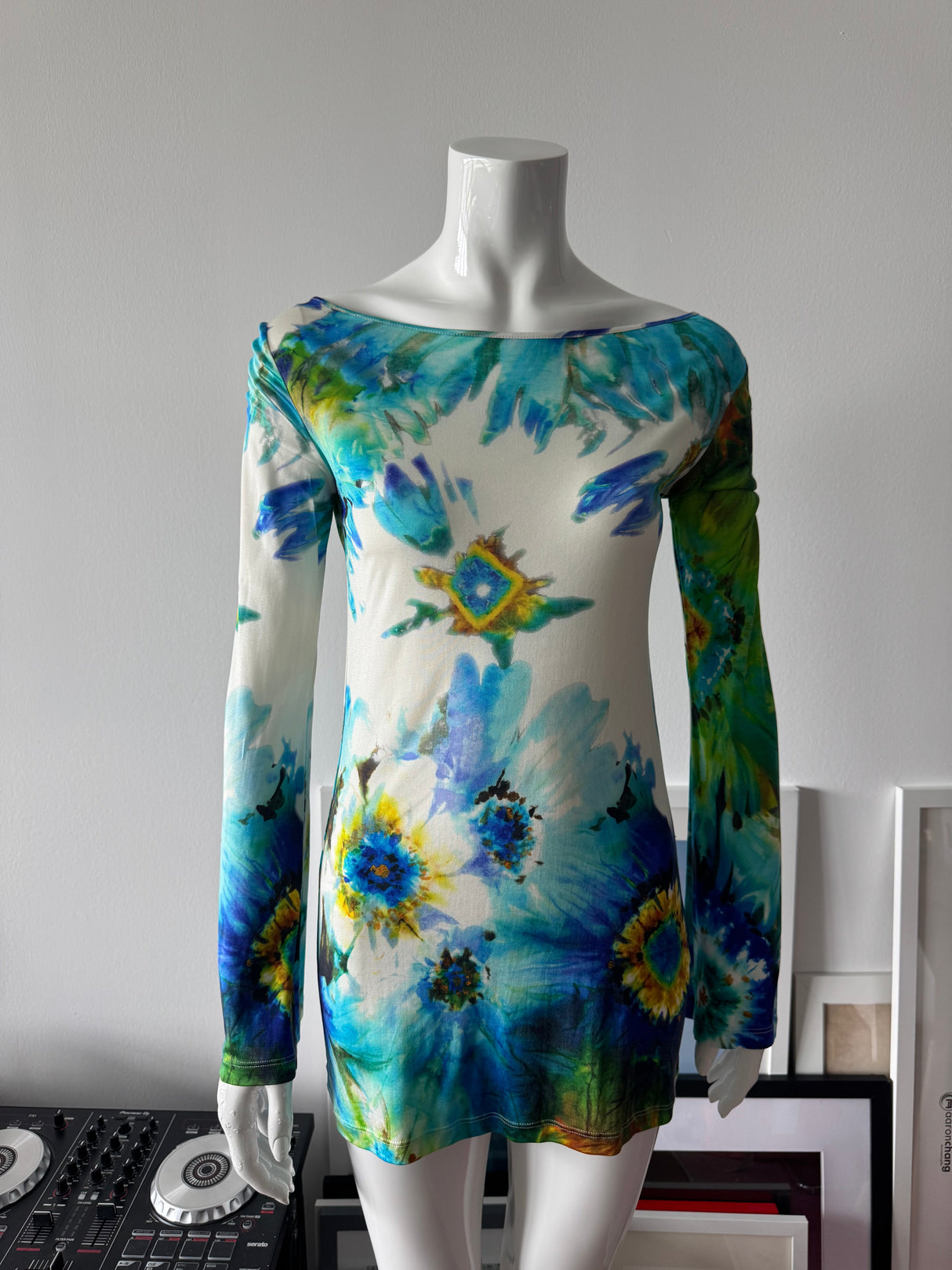BLUMARINE Silk Blue/Green Floral Print Mini Dress