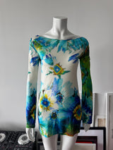 BLUMARINE Silk Blue/Green Floral Print Mini Dress