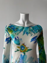 BLUMARINE Silk Blue/Green Floral Print Mini Dress