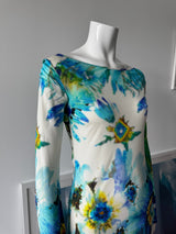 BLUMARINE Silk Blue/Green Floral Print Mini Dress