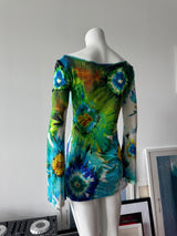 BLUMARINE Silk Blue/Green Floral Print Mini Dress