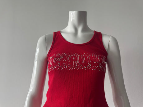 Red Ribbed Tank Top with 'Acapulco' Rhinestone Logo