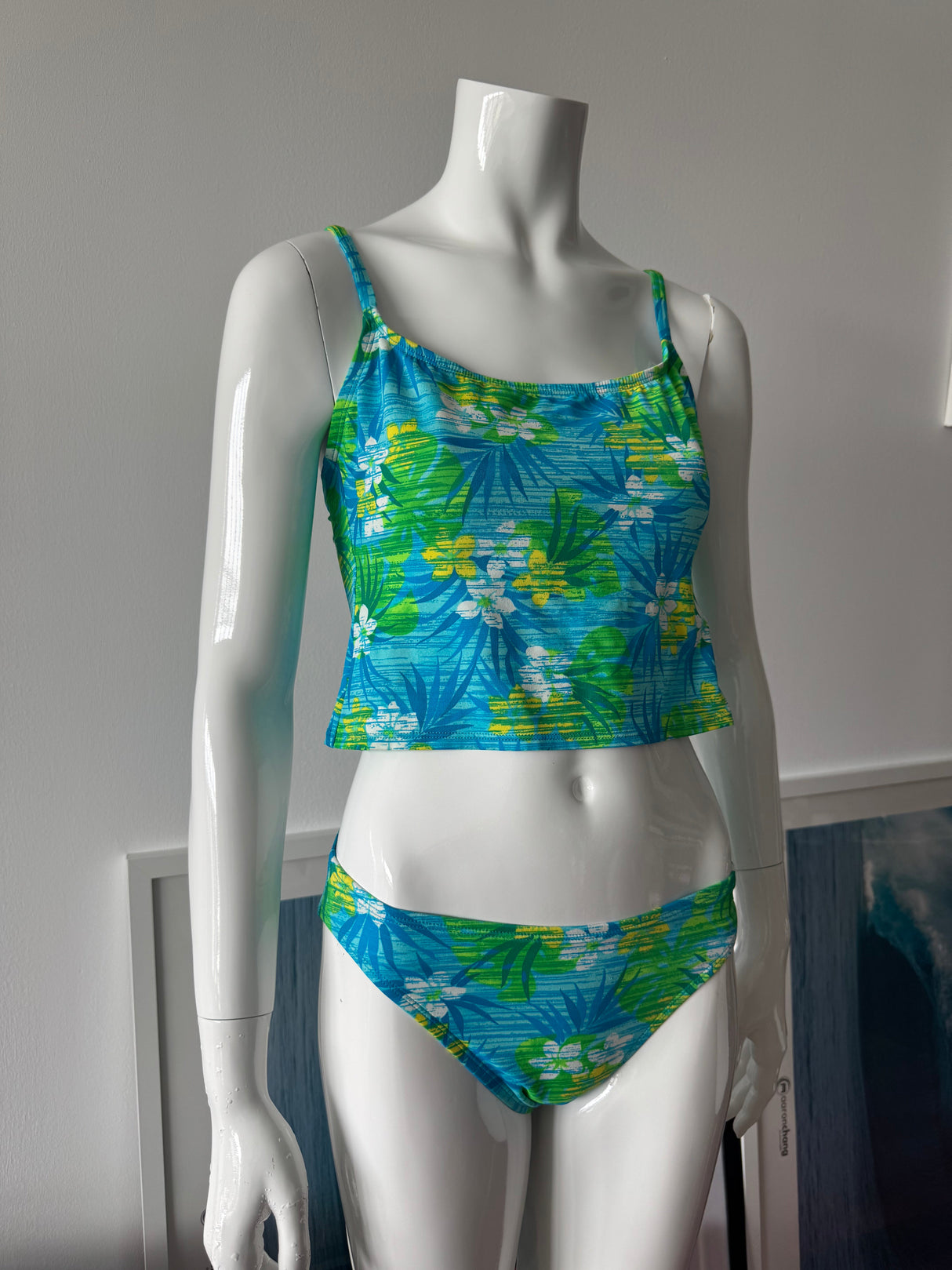 Blue/Green Tropical Print Tankini Top and Bottoms