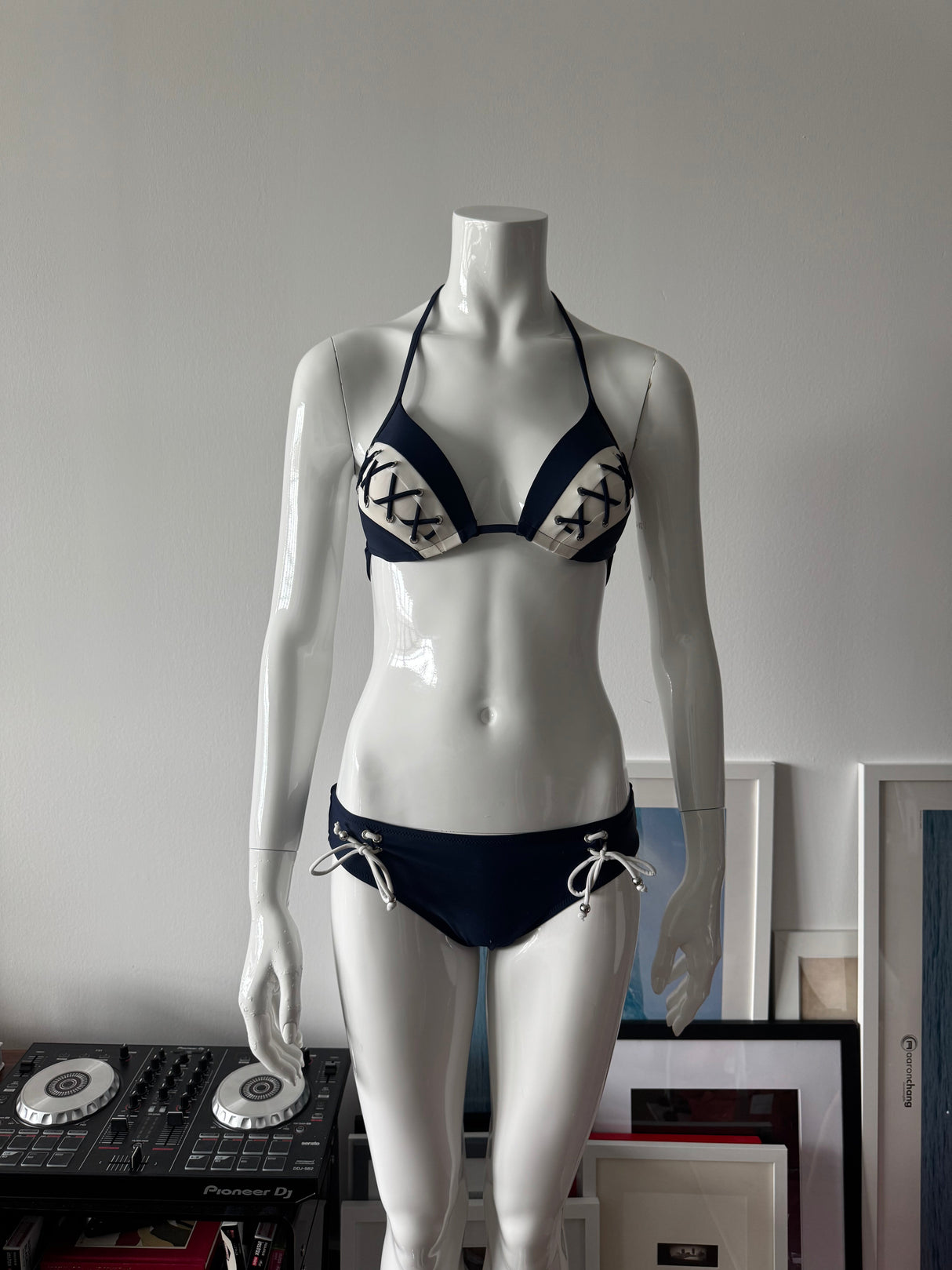 Navy And White Lace Detail Bikini Top and Bottom
