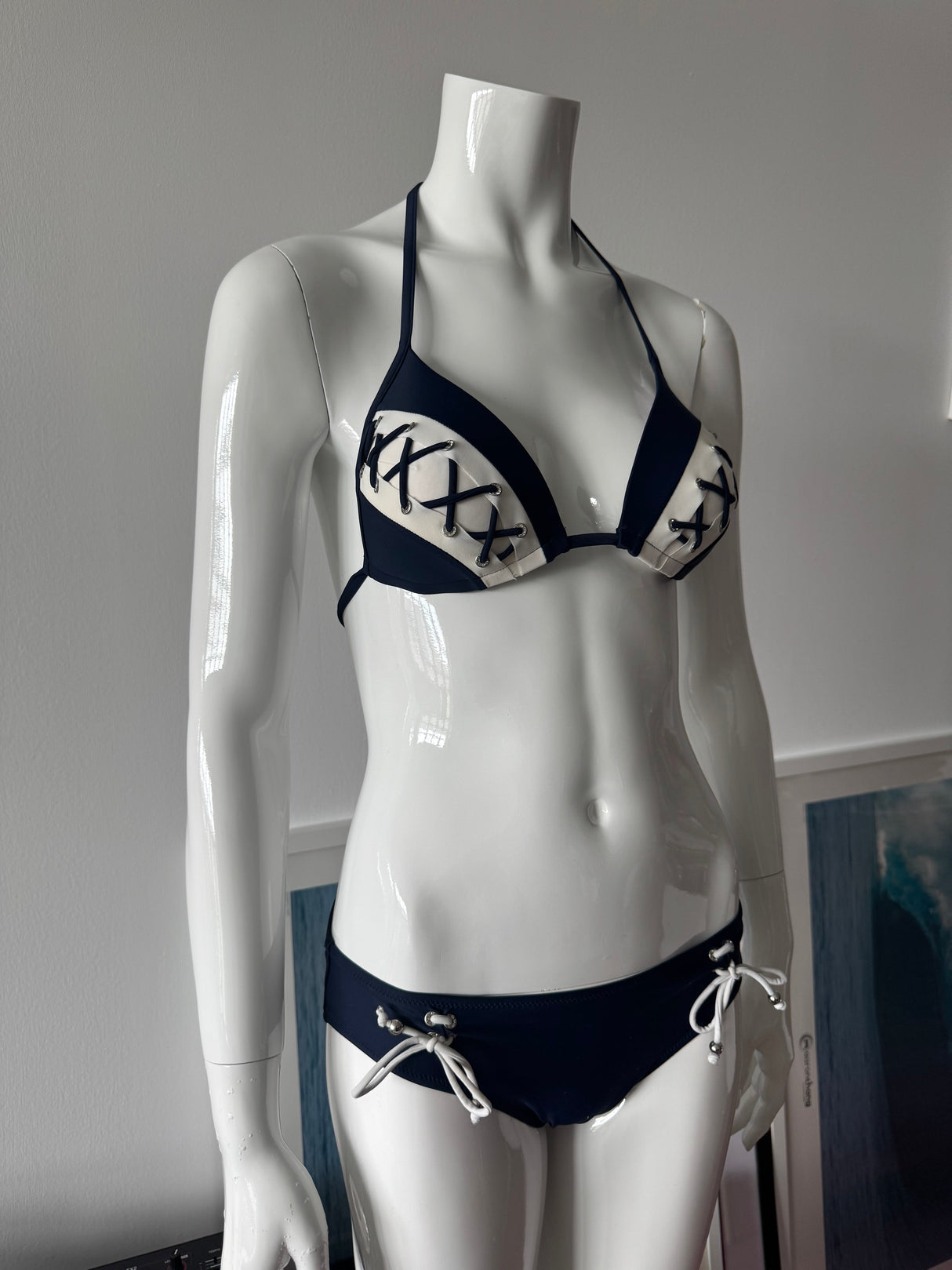 Navy And White Lace Detail Bikini Top and Bottom
