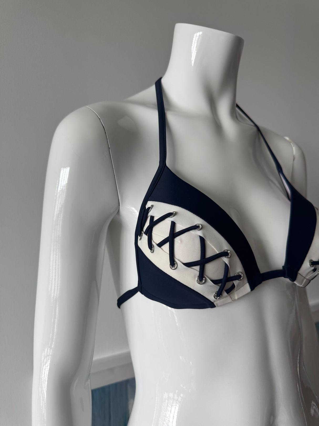 Navy And White Lace Detail Bikini Top and Bottom
