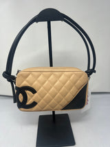 #55 Chanel Cambon Ligne Quilted Lambskin Camera Crossbody Bag Beige with Black Tonal CC Logo & Black Leather Strap
