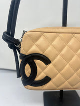#55 Chanel Cambon Ligne Quilted Lambskin Camera Crossbody Bag Beige with Black Tonal CC Logo & Black Leather Strap