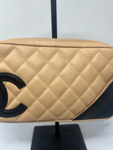 #55 Chanel Cambon Ligne Quilted Lambskin Camera Crossbody Bag Beige with Black Tonal CC Logo & Black Leather Strap