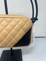 #55 Chanel Cambon Ligne Quilted Lambskin Camera Crossbody Bag Beige with Black Tonal CC Logo & Black Leather Strap