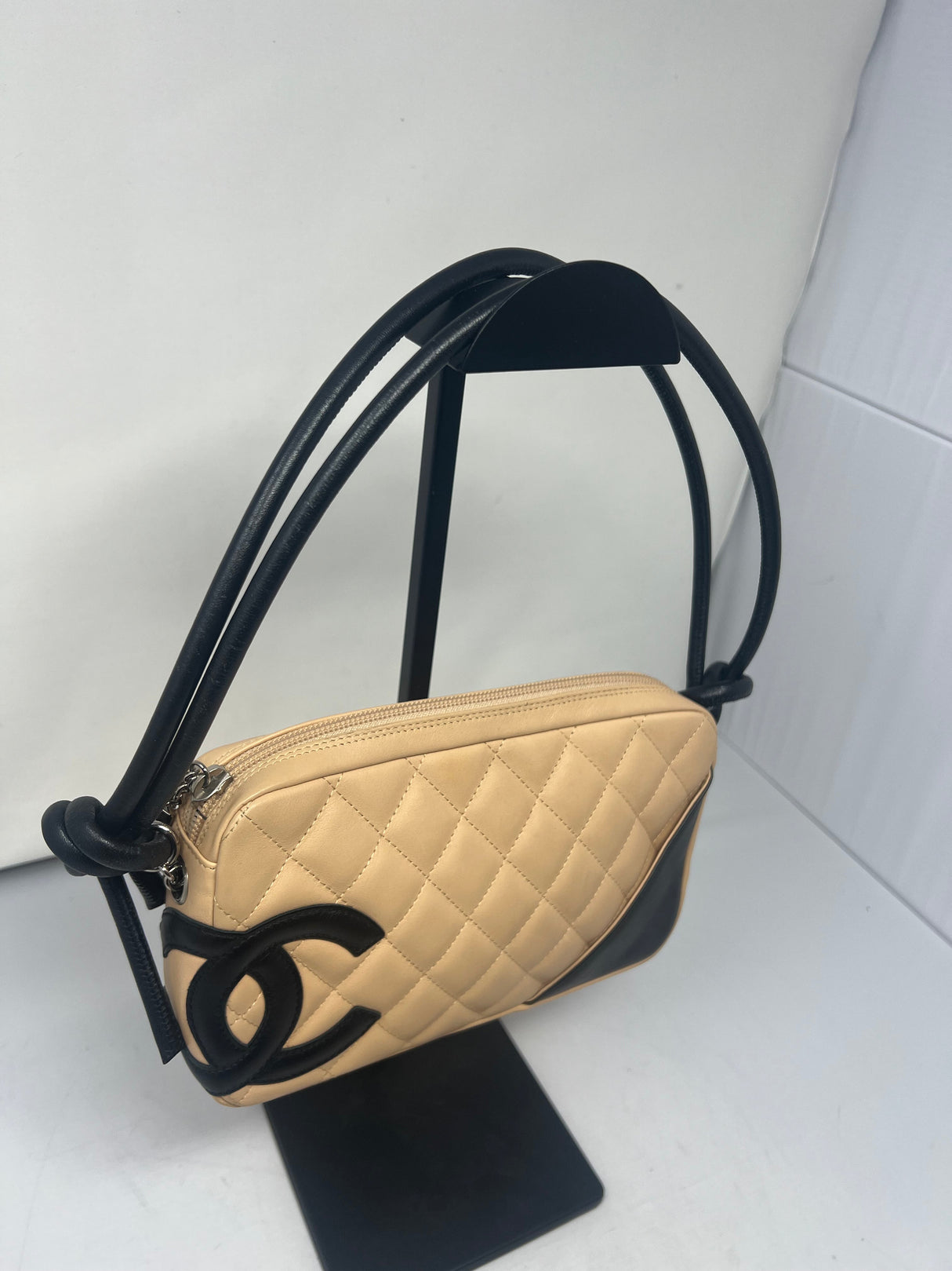 #55 Chanel Cambon Ligne Quilted Lambskin Camera Crossbody Bag Beige with Black Tonal CC Logo & Black Leather Strap