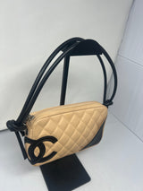 #55 Chanel Cambon Ligne Quilted Lambskin Camera Crossbody Bag Beige with Black Tonal CC Logo & Black Leather Strap