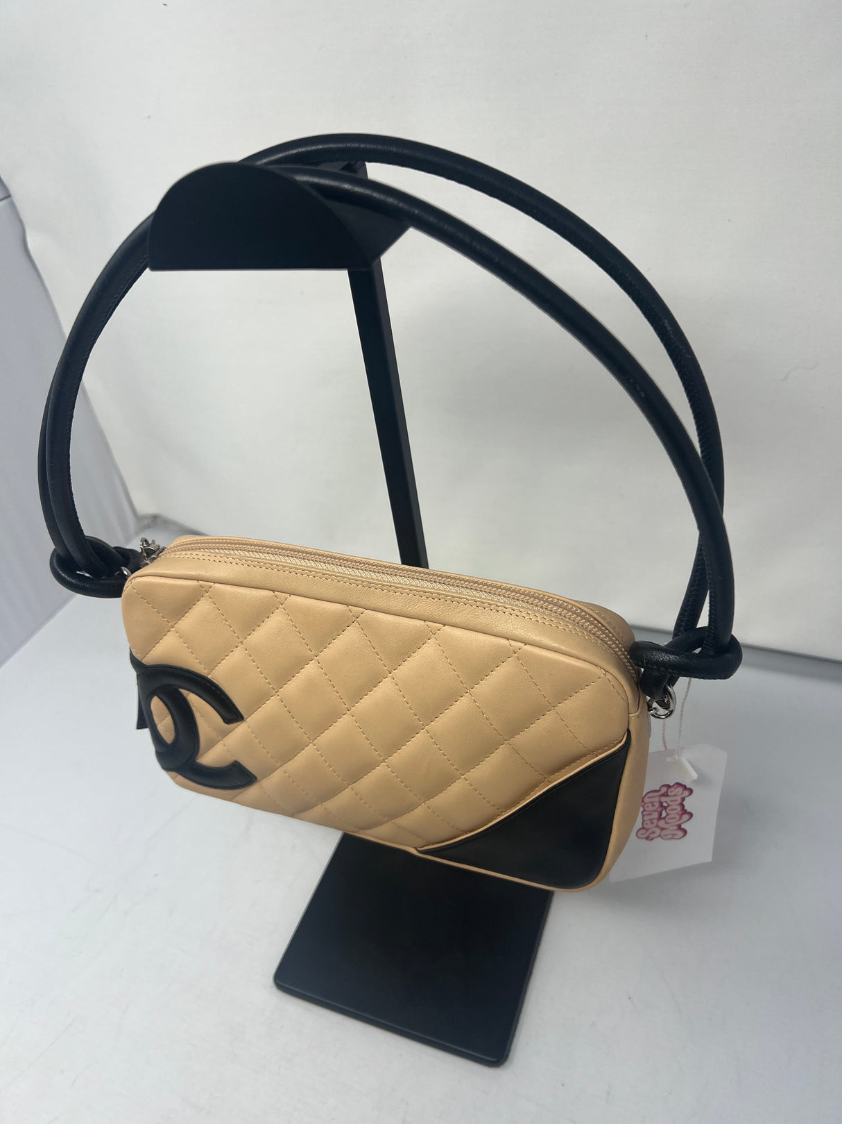 #55 Chanel Cambon Ligne Quilted Lambskin Camera Crossbody Bag Beige with Black Tonal CC Logo & Black Leather Strap