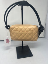 #55 Chanel Cambon Ligne Quilted Lambskin Camera Crossbody Bag Beige with Black Tonal CC Logo & Black Leather Strap