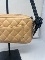 #55 Chanel Cambon Ligne Quilted Lambskin Camera Crossbody Bag Beige with Black Tonal CC Logo & Black Leather Strap