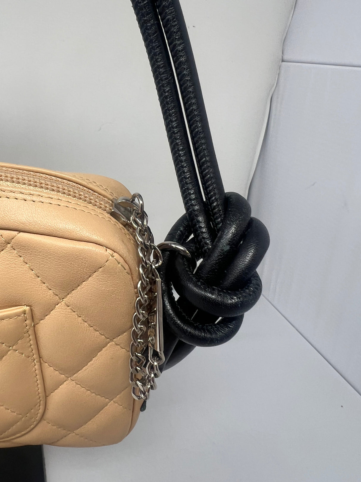 #55 Chanel Cambon Ligne Quilted Lambskin Camera Crossbody Bag Beige with Black Tonal CC Logo & Black Leather Strap