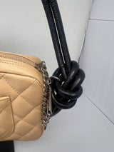 #55 Chanel Cambon Ligne Quilted Lambskin Camera Crossbody Bag Beige with Black Tonal CC Logo & Black Leather Strap