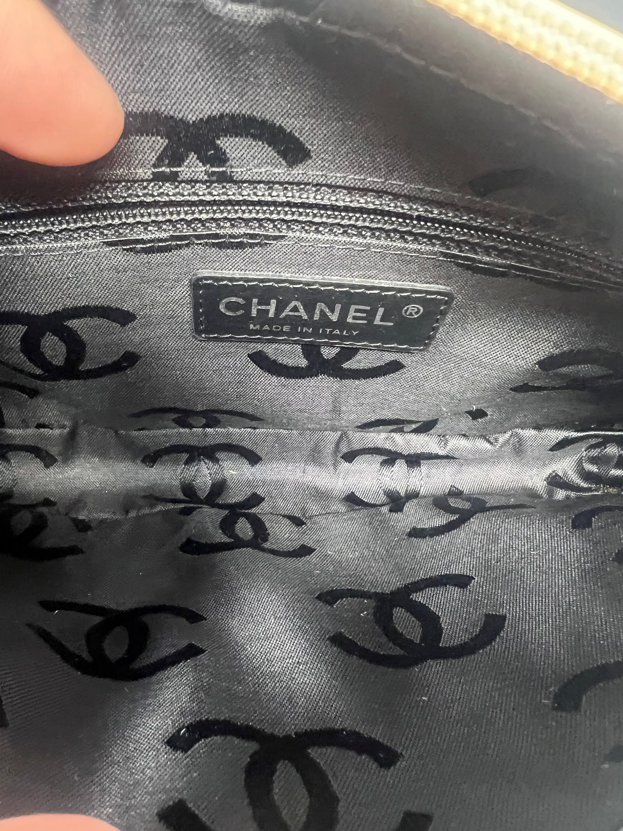 #55 Chanel Cambon Ligne Quilted Lambskin Camera Crossbody Bag Beige with Black Tonal CC Logo & Black Leather Strap