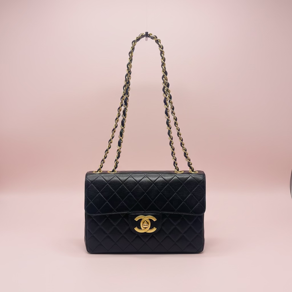 #56 Chanel Classic Jumbo Single Flap Bag - Black Quilted Lambskin with Gold Hardware & Chain Strap
