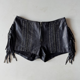 Italian Leather Fringe Grommet Micro Mini Shorts