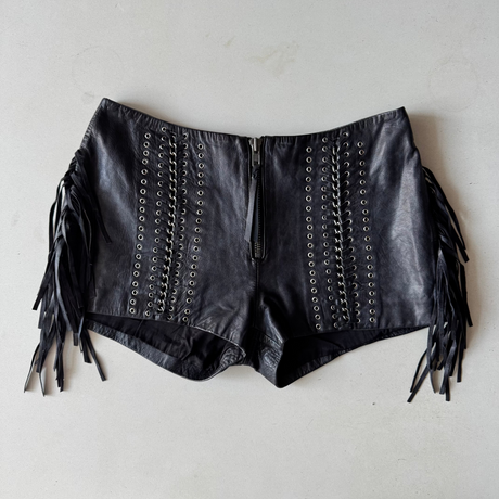 Italian Leather Fringe Grommet Micro Mini Shorts