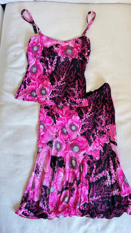 SS2002 Gianni Versace Couture by Donatella Versace Pink Poppy Floral Print Stretch Set