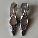 Le Silla Silver Pink Graphic Slingback Kitten Heels