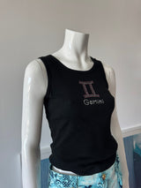 Black Ribbed Tank Top with Gemini Rhinestone Logo
