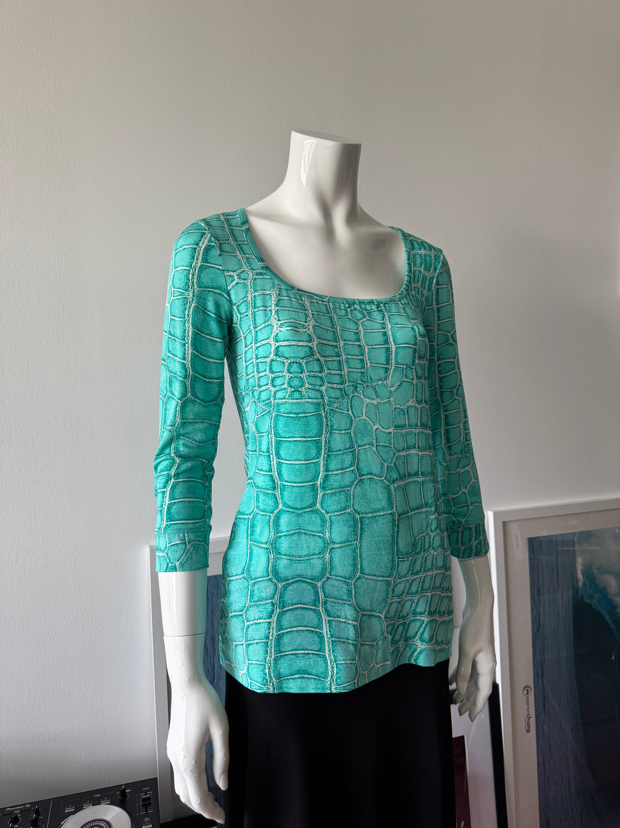 JUST CAVALLI Blue Snakeskin Print 3/4 Sleeve Top