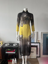 Grey and Yellow Mesh Palm Tree Print Midi Dress
