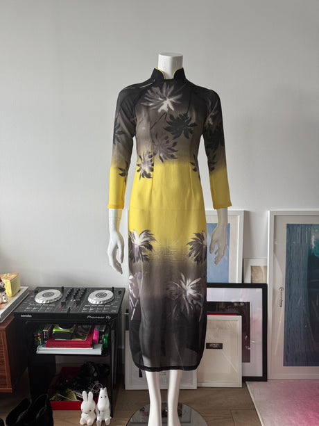 Grey and Yellow Mesh Palm Tree Print Midi Dress