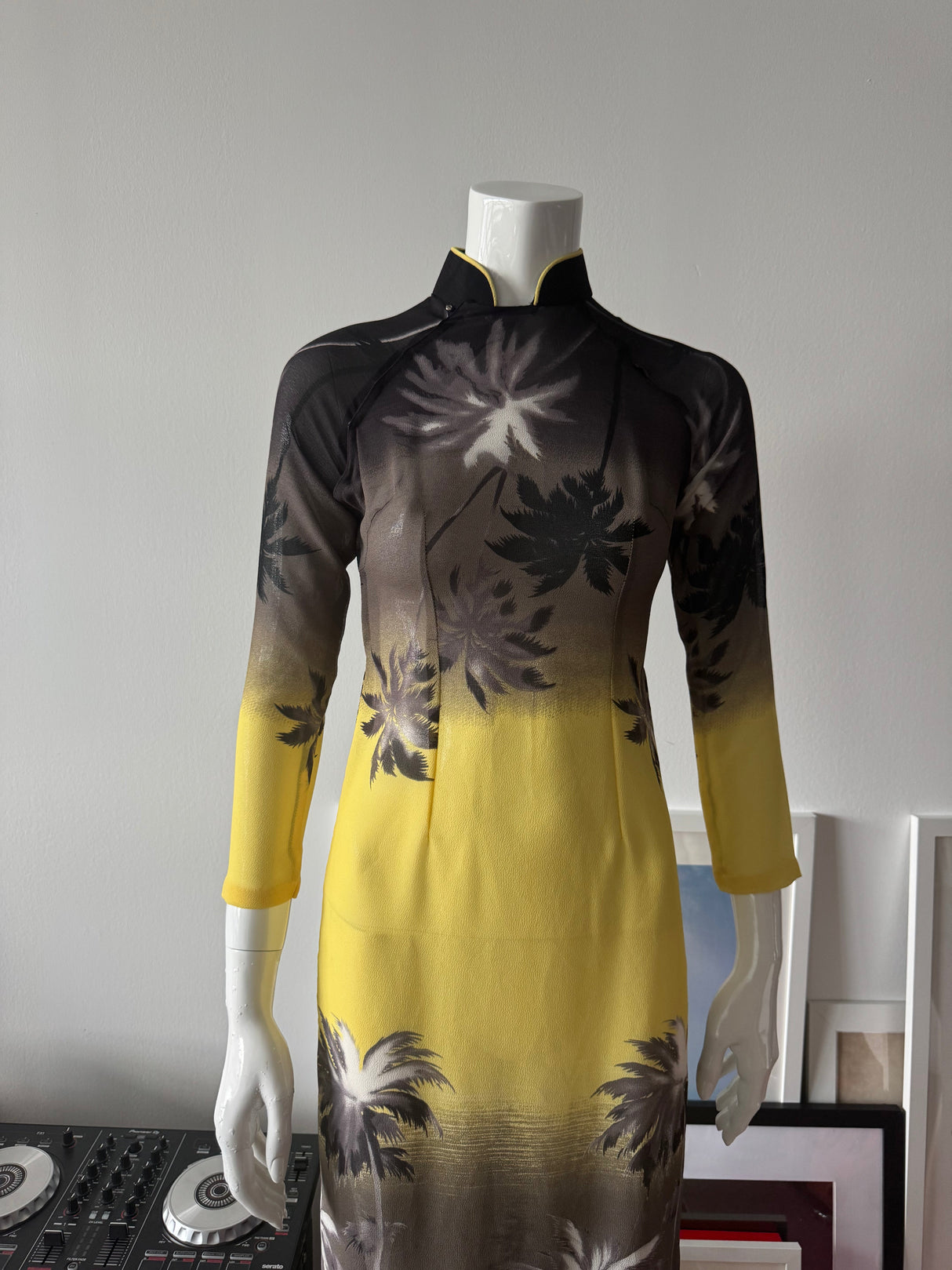 Grey and Yellow Mesh Palm Tree Print Midi Dress