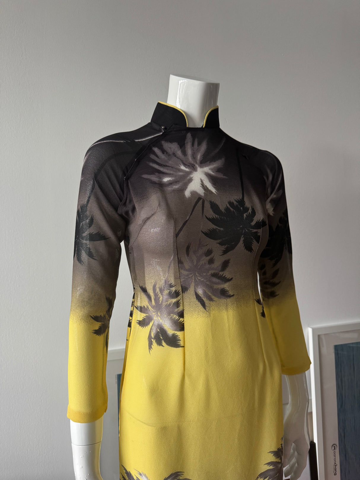Grey and Yellow Mesh Palm Tree Print Midi Dress