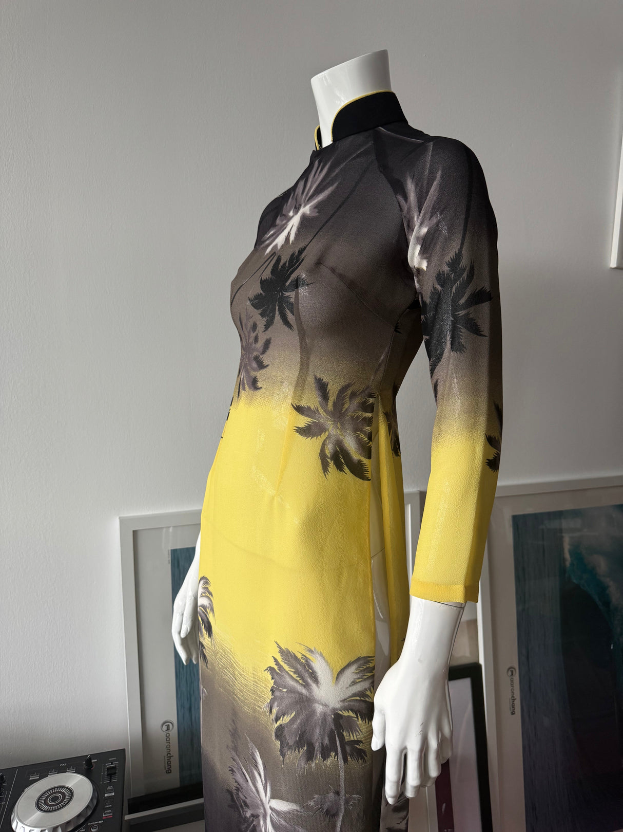 Grey and Yellow Mesh Palm Tree Print Midi Dress