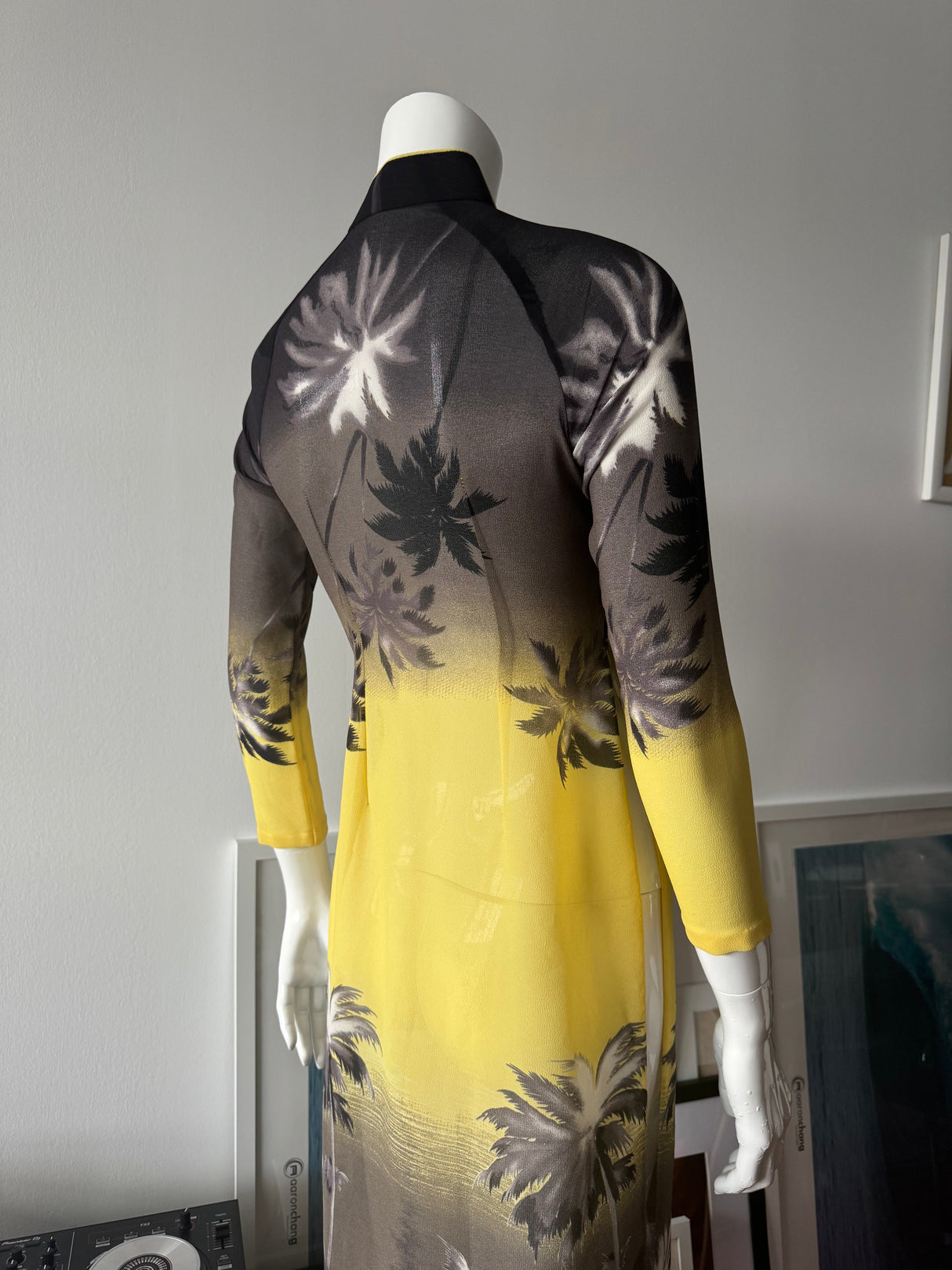 Grey and Yellow Mesh Palm Tree Print Midi Dress