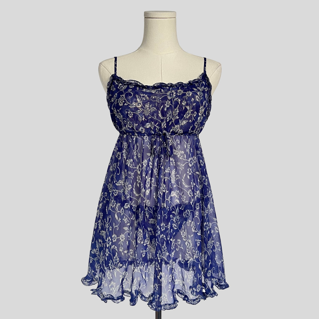 Sheer ruffled babydoll dress with matching panties in navy floral