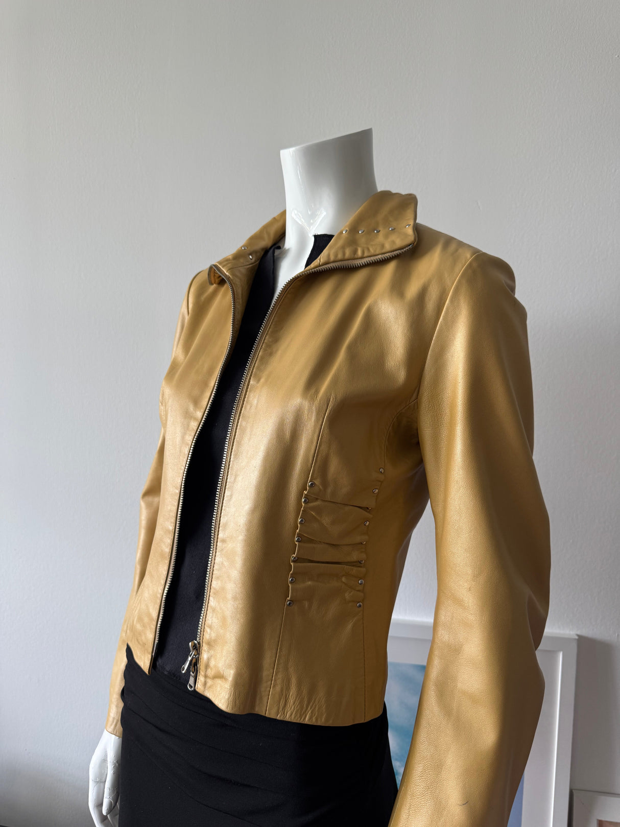 BEBE Gold Cropped Leather Jacket