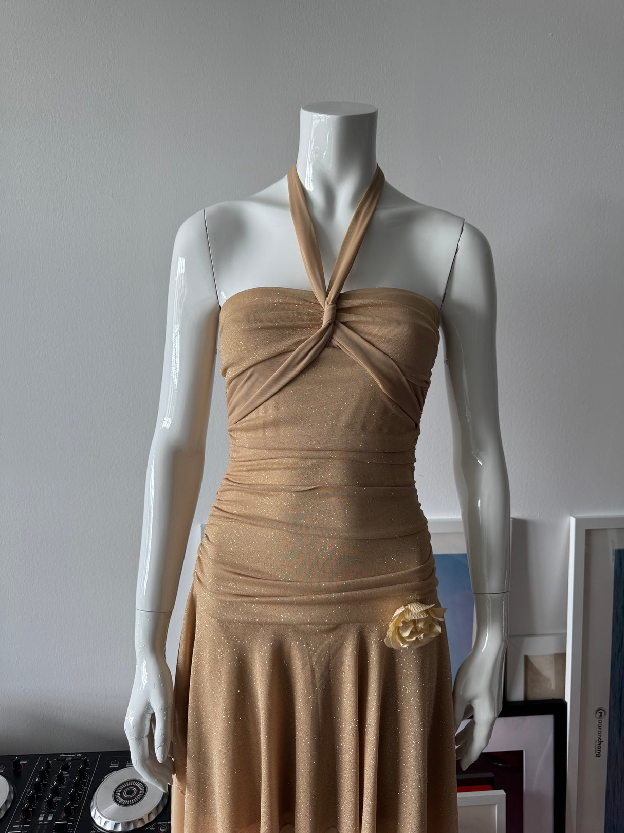 RUBY ROX Gold Glitter Fairy Halter Mini Dress