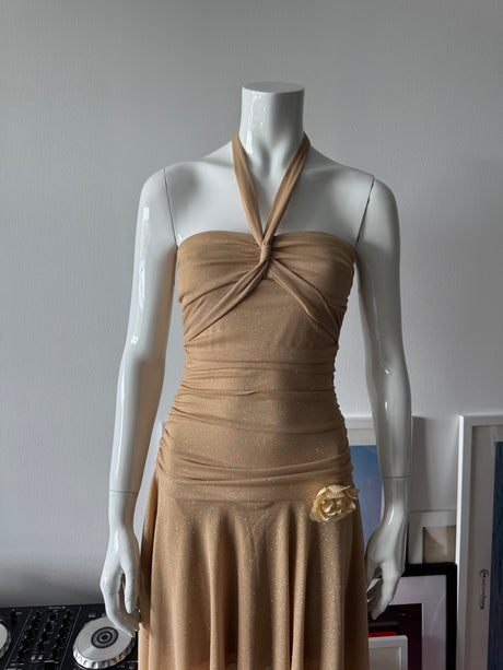 RUBY ROX Gold Glitter Fairy Halter Mini Dress