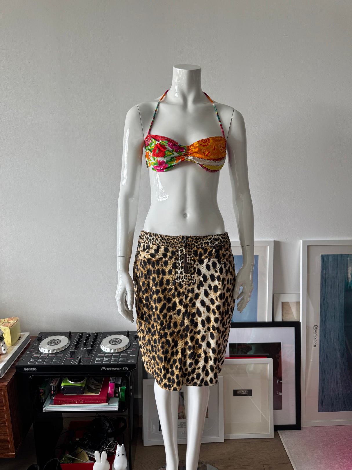 JUST CAVALLI Denim Leopard Print Midi Skirt