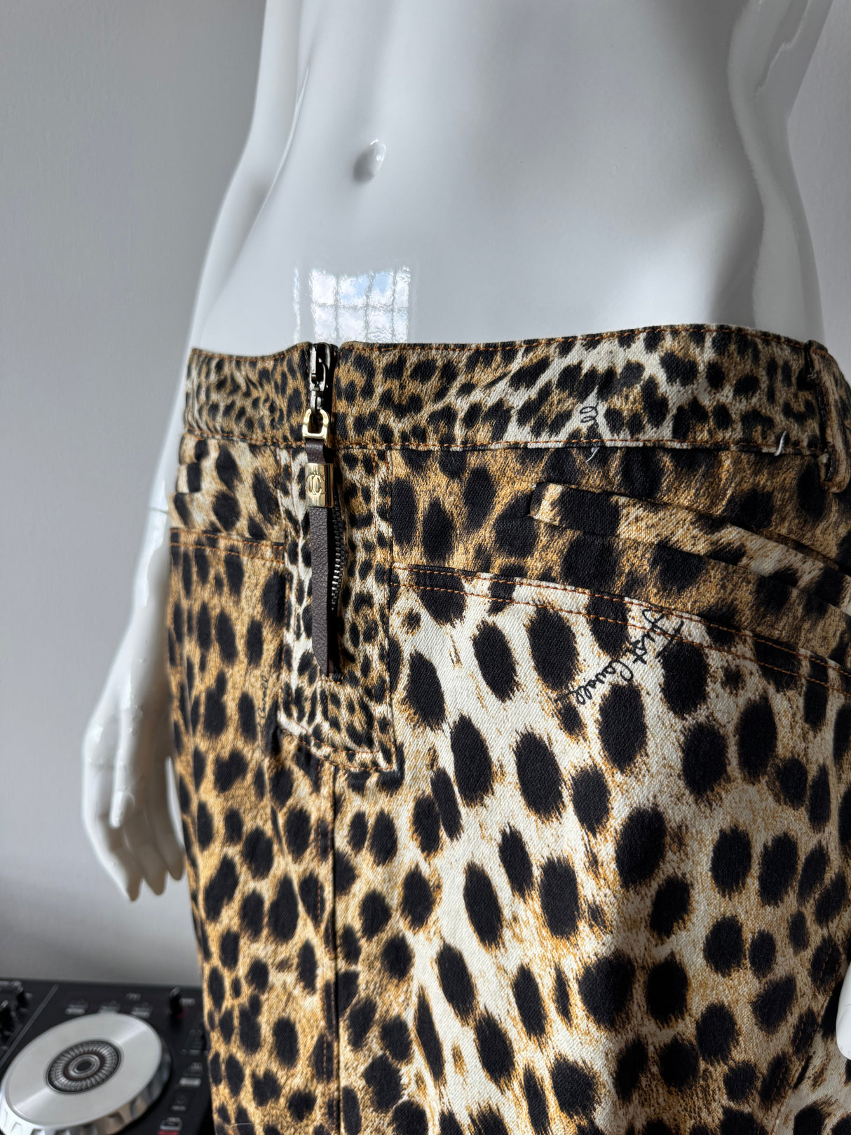 JUST CAVALLI Denim Leopard Print Midi Skirt